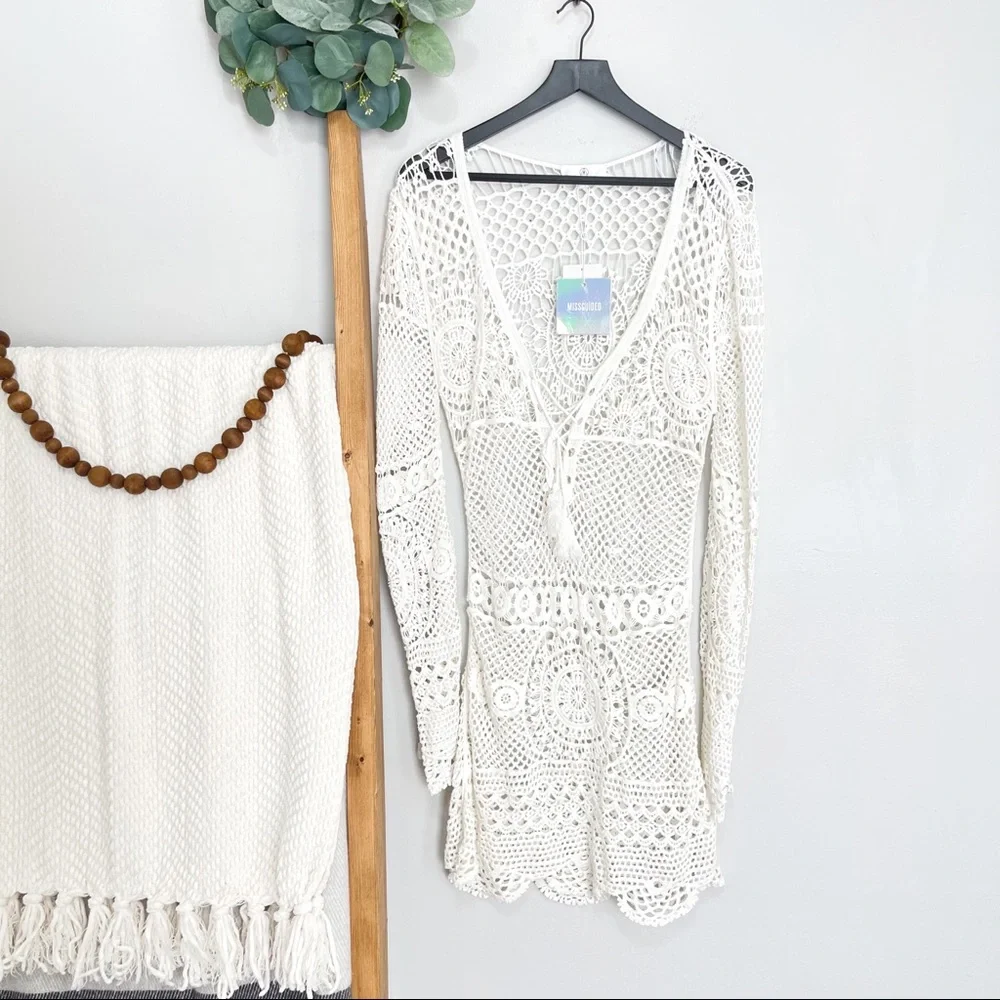 Missguided | Crochet Lace Up Mini Dress Coverup - Picture 6 of 16
